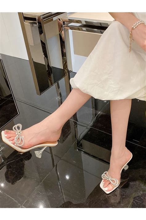 TrendyAnka Kadın Beyaz Bej Nude Cm Şeffaf Topuklu Inci Fiyonk Taşlı Abiye Sandalet Ayakkabı