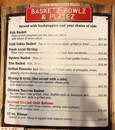 Menu at Creek Ratz restaurant, Murrells Inlet, US-17 BUS