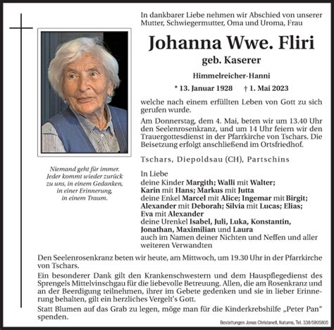 Traueranzeigen Von Johanna Fliri Trauer Bz