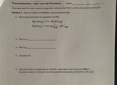 Solved Thermochemistry Hess Law Lab Worksheet Name Show