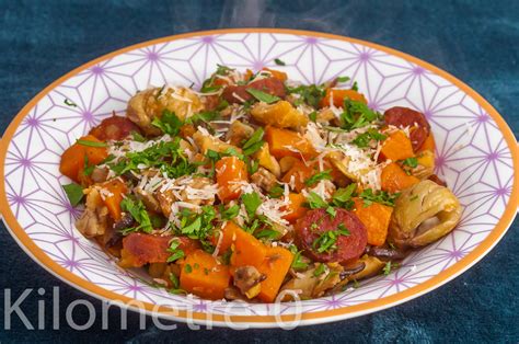 Poêlée de patates douces aux châtaignes cèpes et chorizo Kilomètre 0