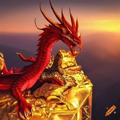 Image Of A Dragon Guarding A Golden Treasure On A Mountain Top On Craiyon