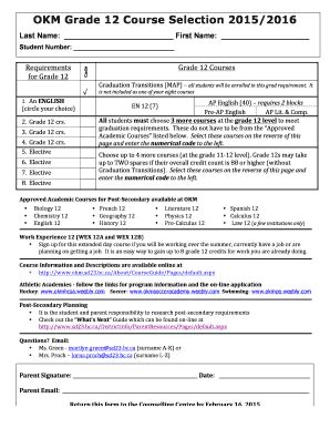 Fillable Online Okm Sd Bc Grade Course Selection Sheet White