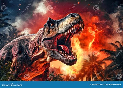 A Terrible Dinosaur Tyrannosaurus T Rex With An Open Huge Mouth And