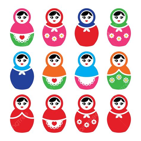 Set Of Colorful Vector Icons Retro Babushka Russian Dolls Vector Craft