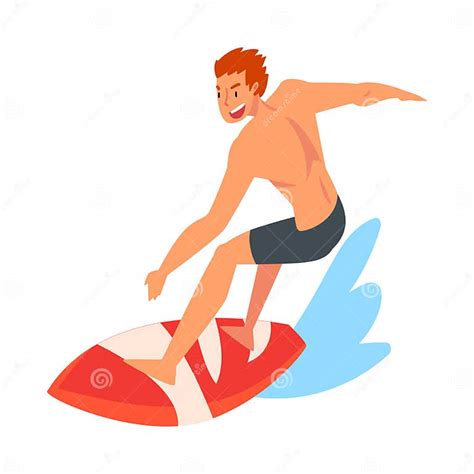 Male Surfer Character Riding On Ocean Wave With Surfboard Summer