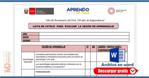 Lista De Cotejo Para Evaluar La Sesi N De Aprendizaje Materiales 54720