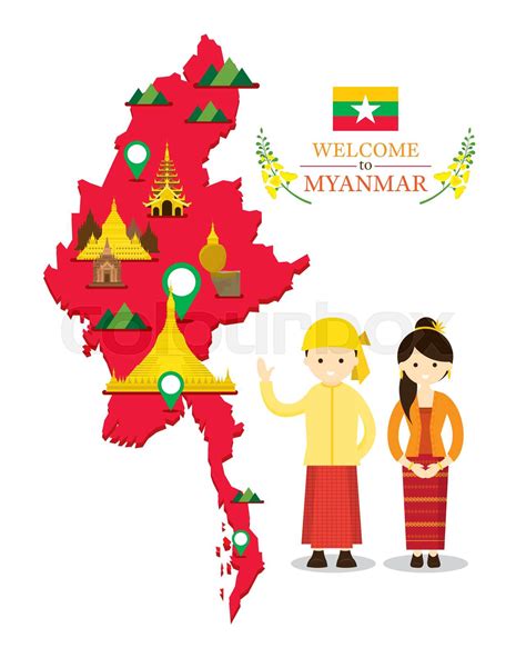 Myanmar Map and Landmarks with People in Traditional Clothing | Stock