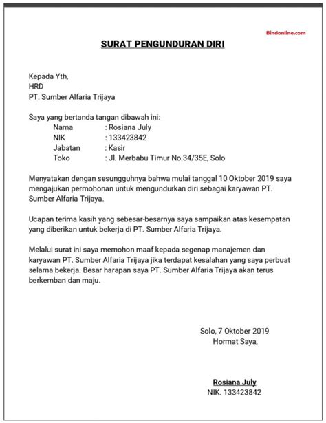 Contoh Surat Pengunduran Diri Kerja Dengan Alasan Sakit