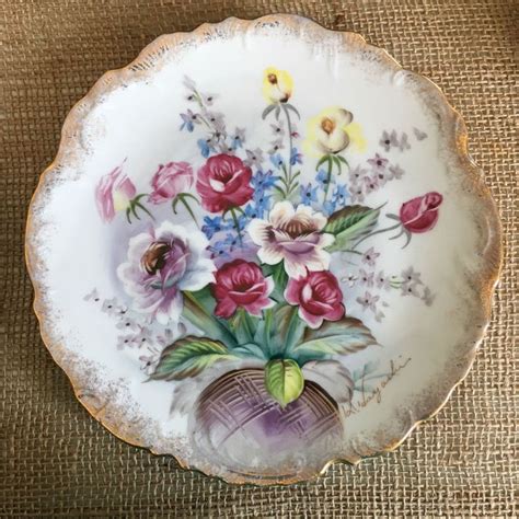 Vintage Hand Painted Floral Plate Pink Blue Purple Green Gold By