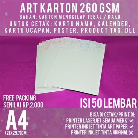 Art Karton 260 Gsm A4 Isi 50 Lbr Kertas Carton Paper Glossy Tebal 260