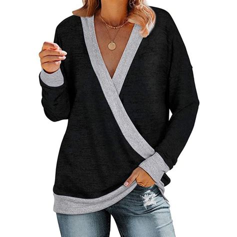 Black Splice Gray V Neck Long Sleeve Tops Pullover Designs Clothes