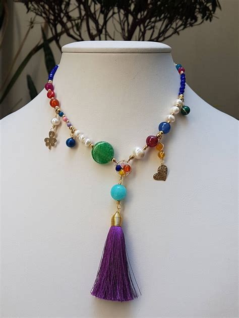 Colorful Beaded Tassel Necklace Gemstone And Tassel Necklace Etsy