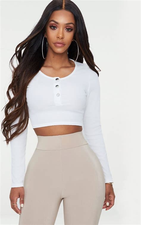 Shape White Ribbed Button Detail Crop Top Prettylittlething Usa