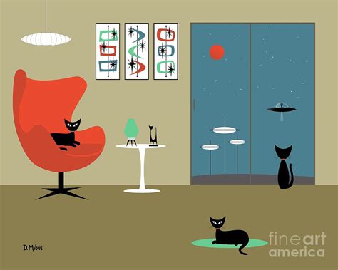 Art Collectibles Flying Saucer Atomic Cat Art Print Mid Century