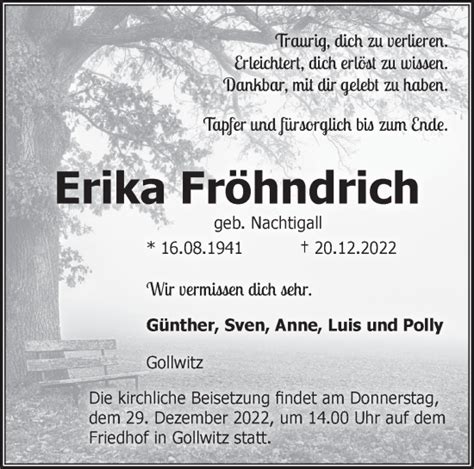 Traueranzeigen von Erika Fröhndrich Märkische Onlinezeitung Trauerportal