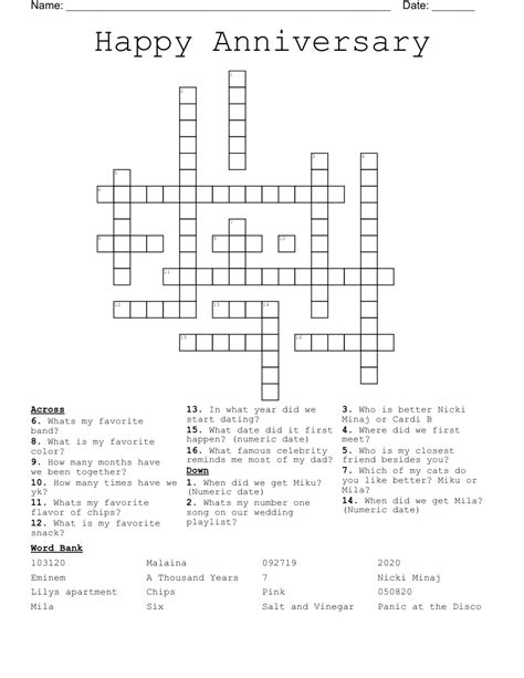 Happy Anniversary Crossword Wordmint