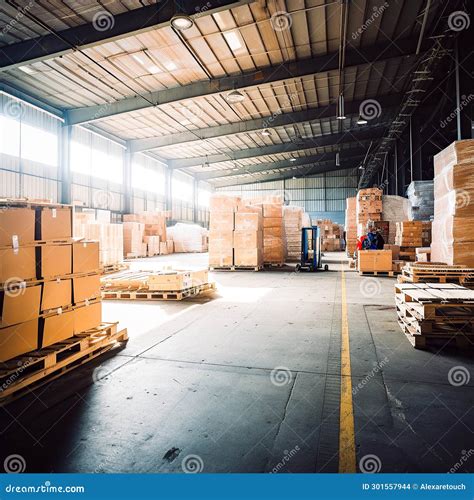 Spacious Room Warehouse Storage With Stacked Boxes In Rows Stock Photo