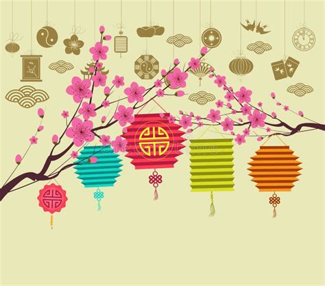 Oriental Happy Chinese New Year 2018 Blossom Chinese Baclground Stock Illustration