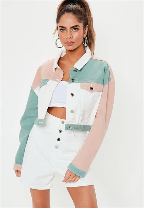 Missguided Pink Multicoloured Patchwork Cropped Denim Jacket In