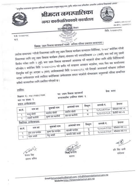 उद्यम विकास सहजकर्ता पदको अन्तिम नतिजा प्रकाशन सम्बन्धी सूचना भीमदत्त