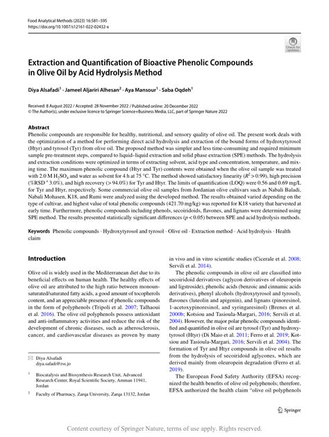 Extraction And Quantification Of Bioactive Phenolic Compounds In Olive