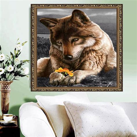 40x40cm 5d Diy Wolf With Flower Diamond Painting Resin Full Rhinestone