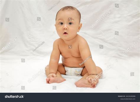 Baby Sitting Naked Wearing Only Diaper Stock Photo 2415528399