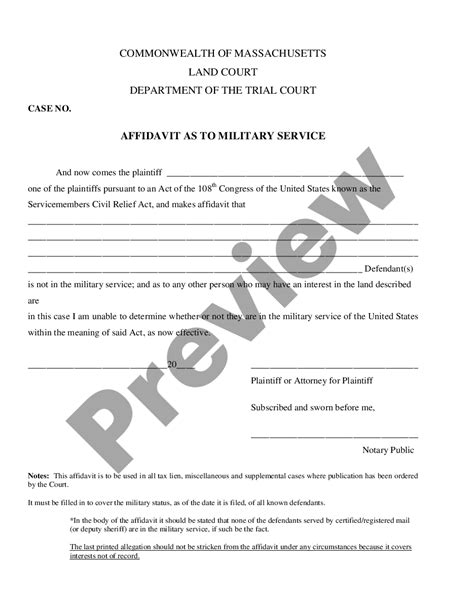 Massachusetts Affidavit As To Military Service US Legal Forms