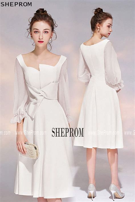 Elegant White 3 4 Sleeves Party Dress Aline With Sheer Sleeves