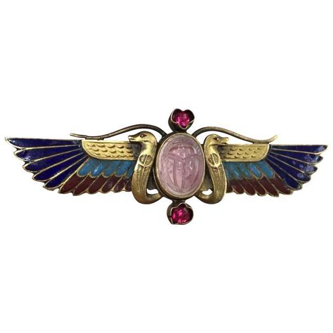 Egyptian Revival Pink Tourmaline And Enamel 14k Gold Winged Scarab