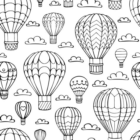 Seamless Pattern Hot Air Balloon And Cloud Hand Drawn Outline Doodle Vector Illustration