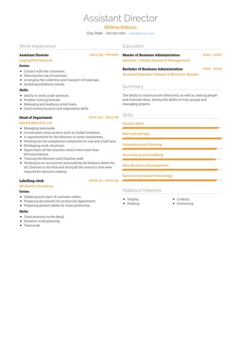 Assistant Director - Resume Samples and Templates | VisualCV