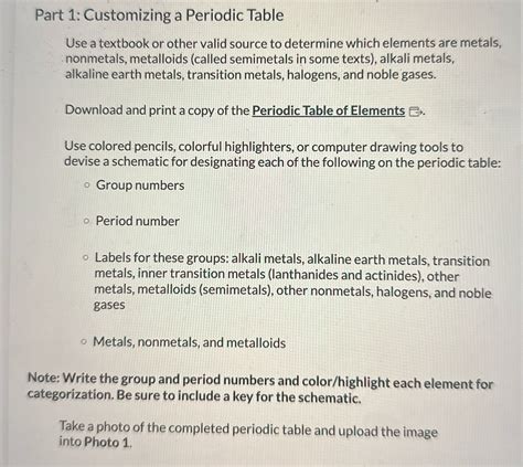 Solved Part 1 Customizing A Periodic Table Use A Textbook Or Other