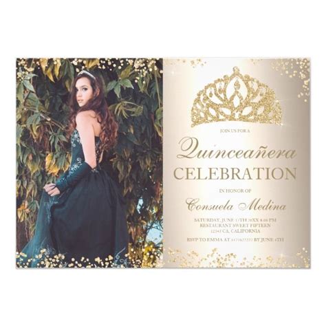 Chic Gold Glitter Foil Photo Tiara Quincea Era Invitation Zazzle