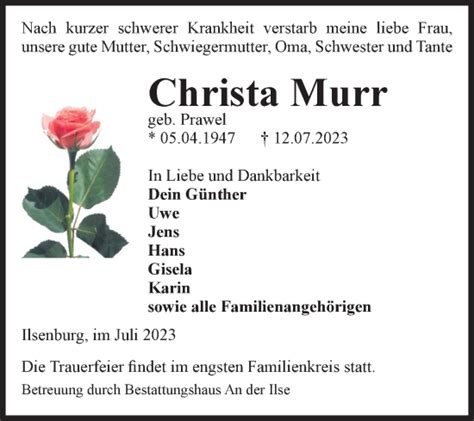 Traueranzeigen Von Christa Murr Abschied Nehmen De