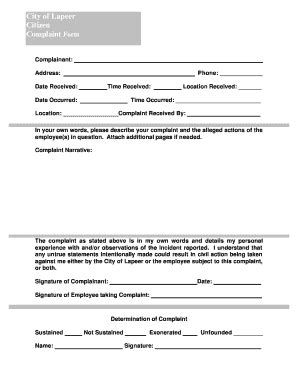 Fillable Online Ci Lapeer Mi Official Complaint Form City Of Lapeer