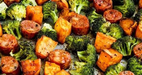 Roasted Sweet Potatoes Sausage And Broccoli Sheet Pan Meal Punchfork