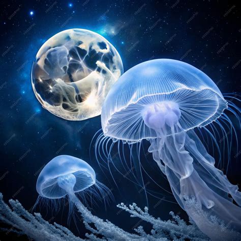 Aurelia labiata moon jellyfish in the dark sea water White blue