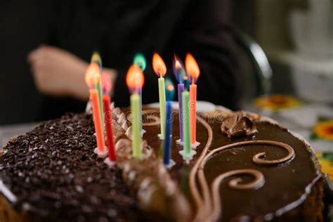 Chocolate Birthday Cake with Candles, Lighting Candles on the Cake ...