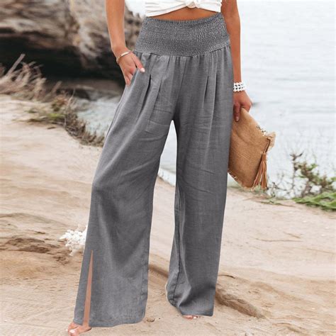 High Waist Wide Leg Palazzo Prints Pants For Women Smocked Elastic Waist Loose Comfy Splitcasual