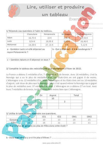 Lire Utiliser Et Produire Un Tableau Exercices R Visions Au Cm Et