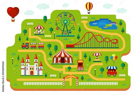 Amusement park map, funfair carnival rides plan Stock Vector | Adobe Stock