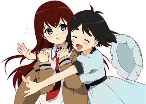 2girls Black Hair Blue Eyes Blush Brown Hair Dress Hat Hug Makise