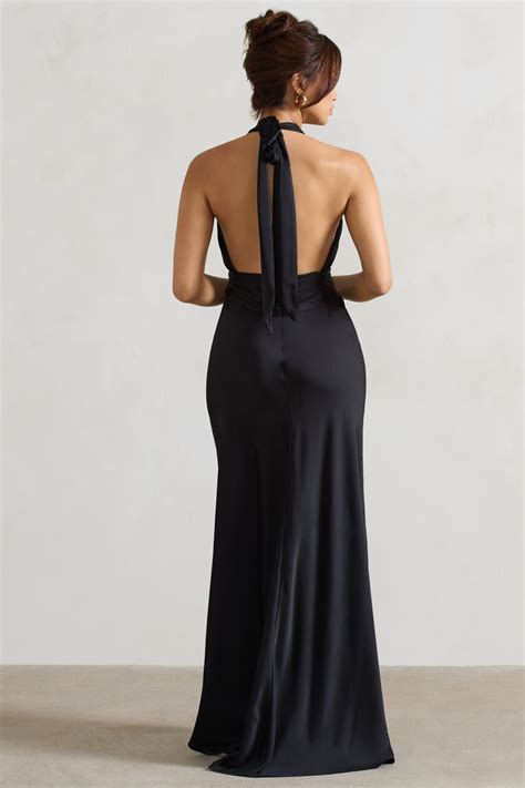 Carolyn Black Satin Plunge Maxi Dress With Dipped Hem Club L London Uk