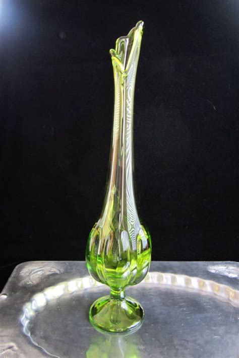 Vintage Viking Glass Swung Flower Vase In Bright Olive Green From The