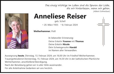 Traueranzeige Anneliese Reiser Weiherhammer Oberpfalzecho