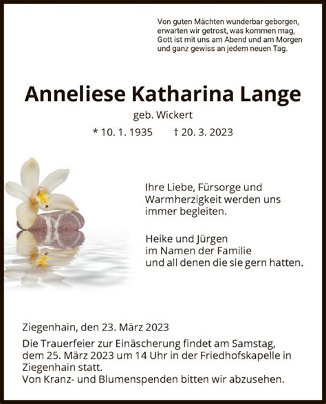 Traueranzeigen Von Anneliese Katharina Lange Trauer Hna De