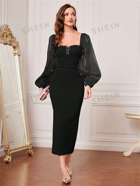 Shein Modely Robe Moulante Avec Tulle Manches Bouffantes Fendu Mode