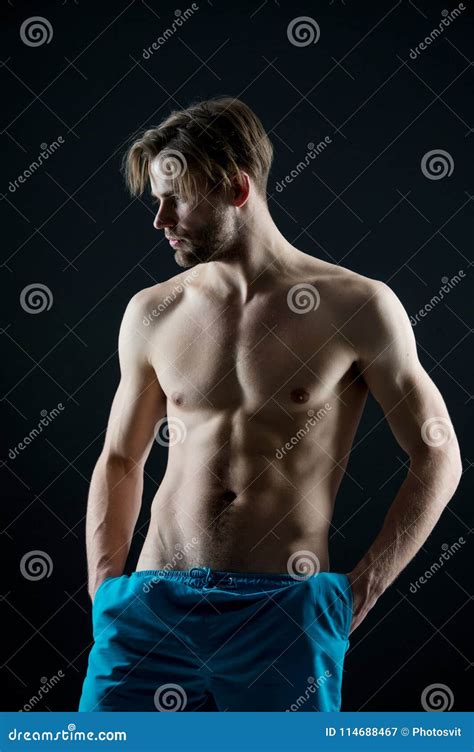 Bearded Man With Muscular Torso Health Macho With Fit Bare Chest And